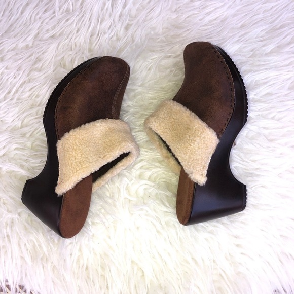 NINE WEST Clarige Brown Leather Fur Trim Mule Clog Sz 8 - Picture 6 of 8